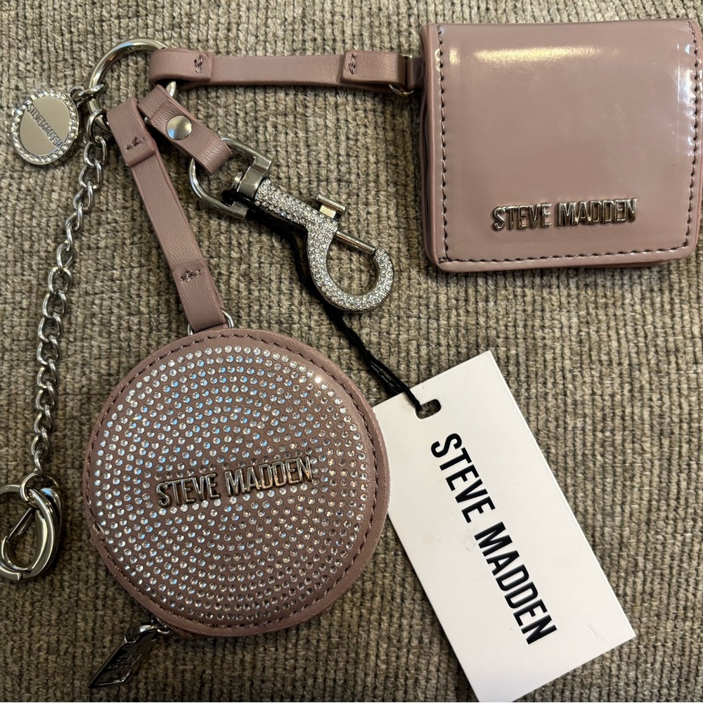 Steve Madden Blush Pink Rhinestone Keychain and Card Holder Set
